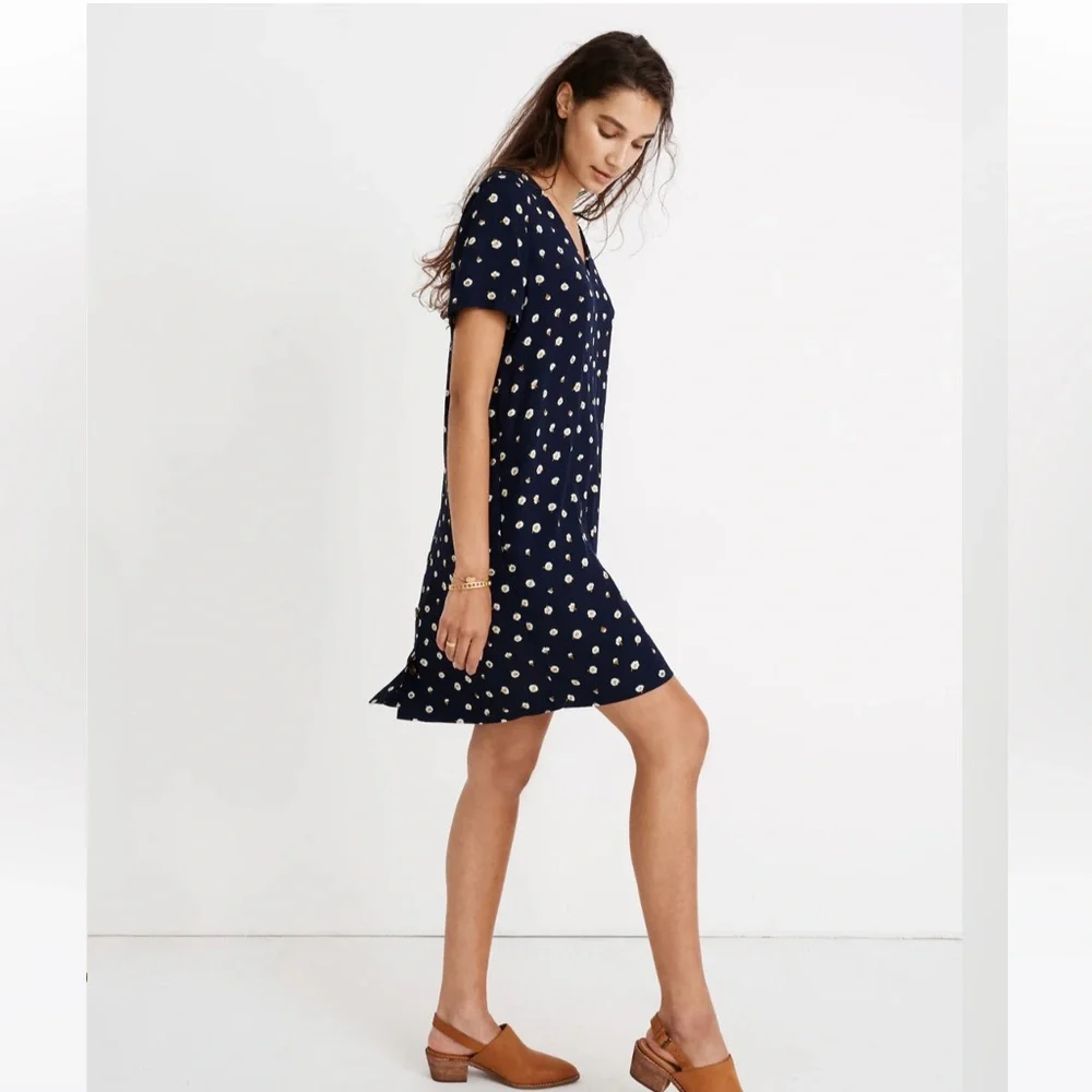 Madewell Navy Daisy Dot Mini Dress Women’s Medium Ditsy Floral Shift V-Neck - Picture 4 of 9